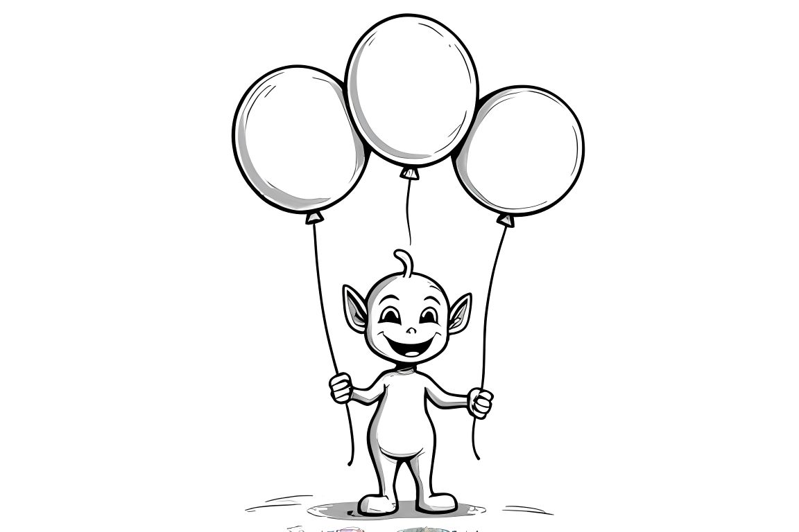 Simple children's coloring page featuring a happy alien holding balloons, perfect for toddlers