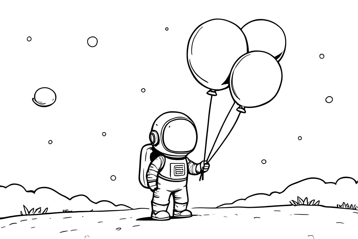 Simple children's coloring book illustration of an astronaut holding balloons in space, designed for toddlers