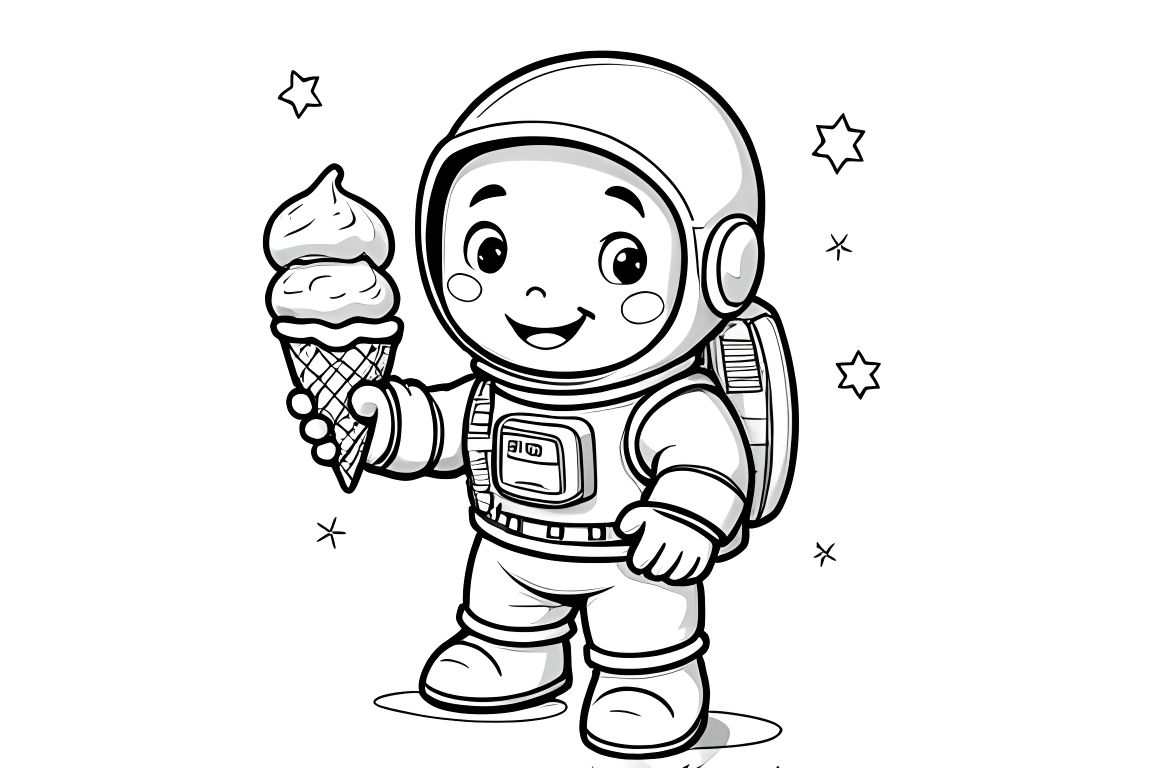 Simple children's coloring book page showing an astronaut with ice cream cone, perfect for toddlers