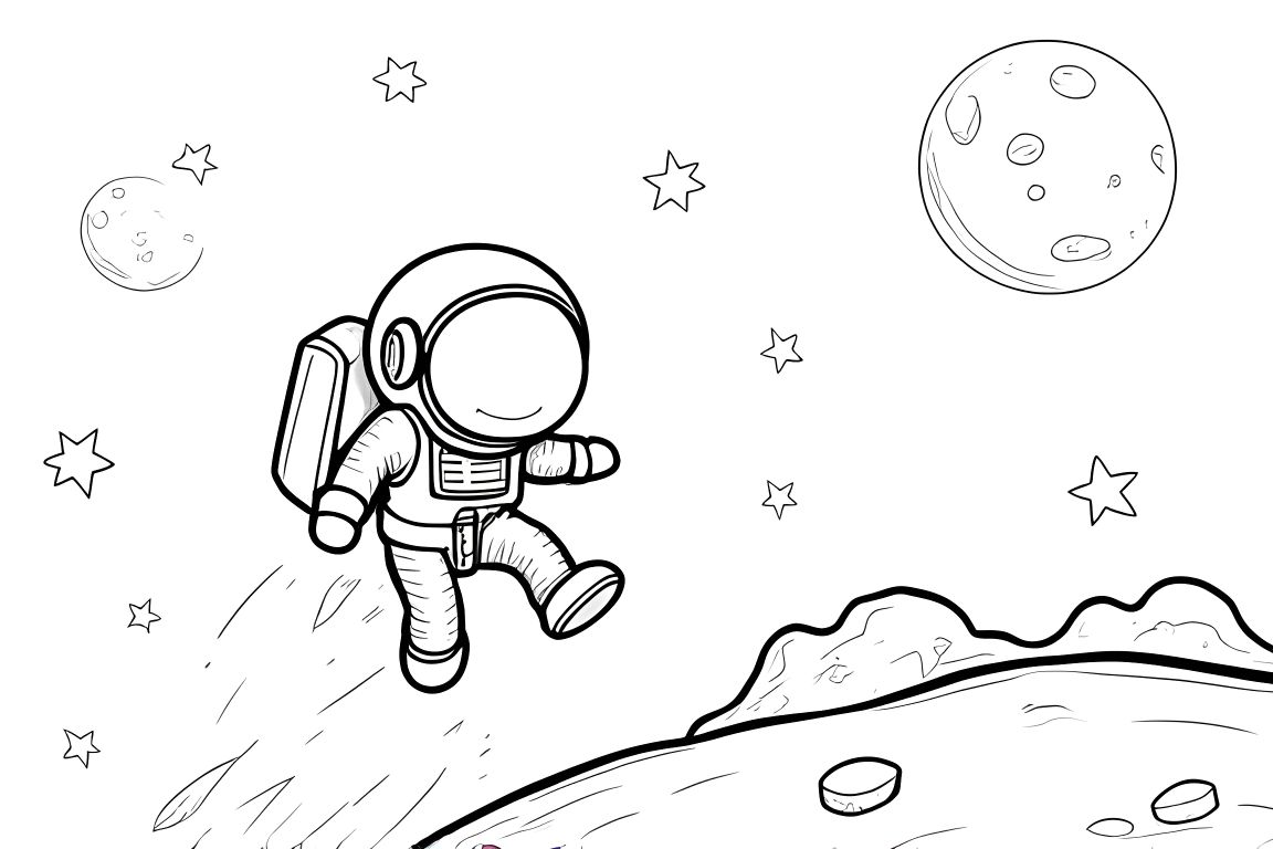 Simple children's coloring book page of an astronaut jumping on the moon, perfect for toddlers