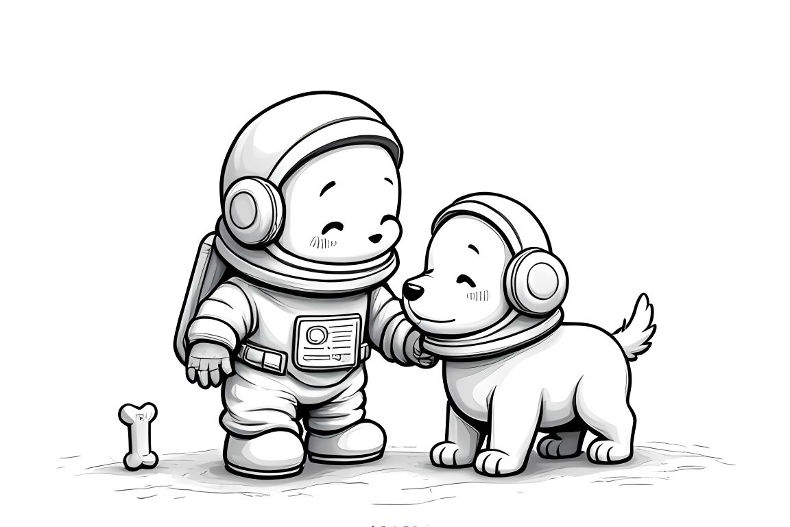 Simple children's coloring book illustration of an astronaut playing with a space puppy, designed for toddlers