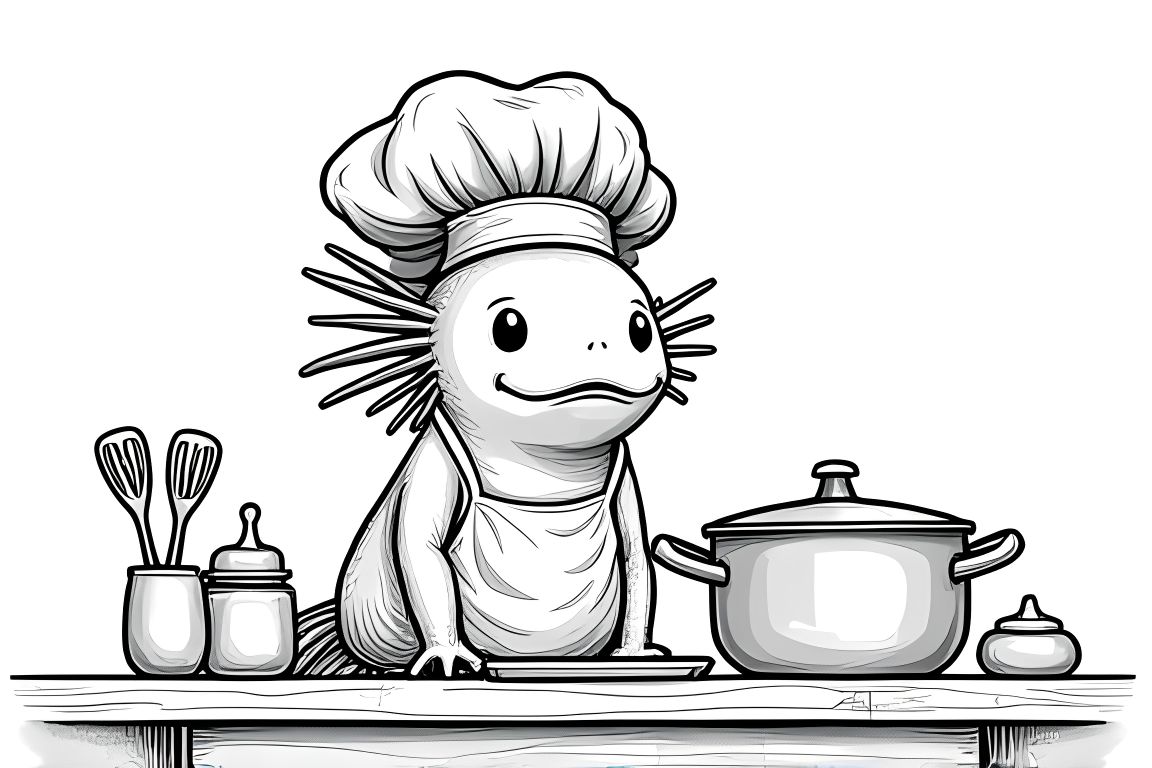 Coloring book illustration of an axolotl chef cooking in the kitchen