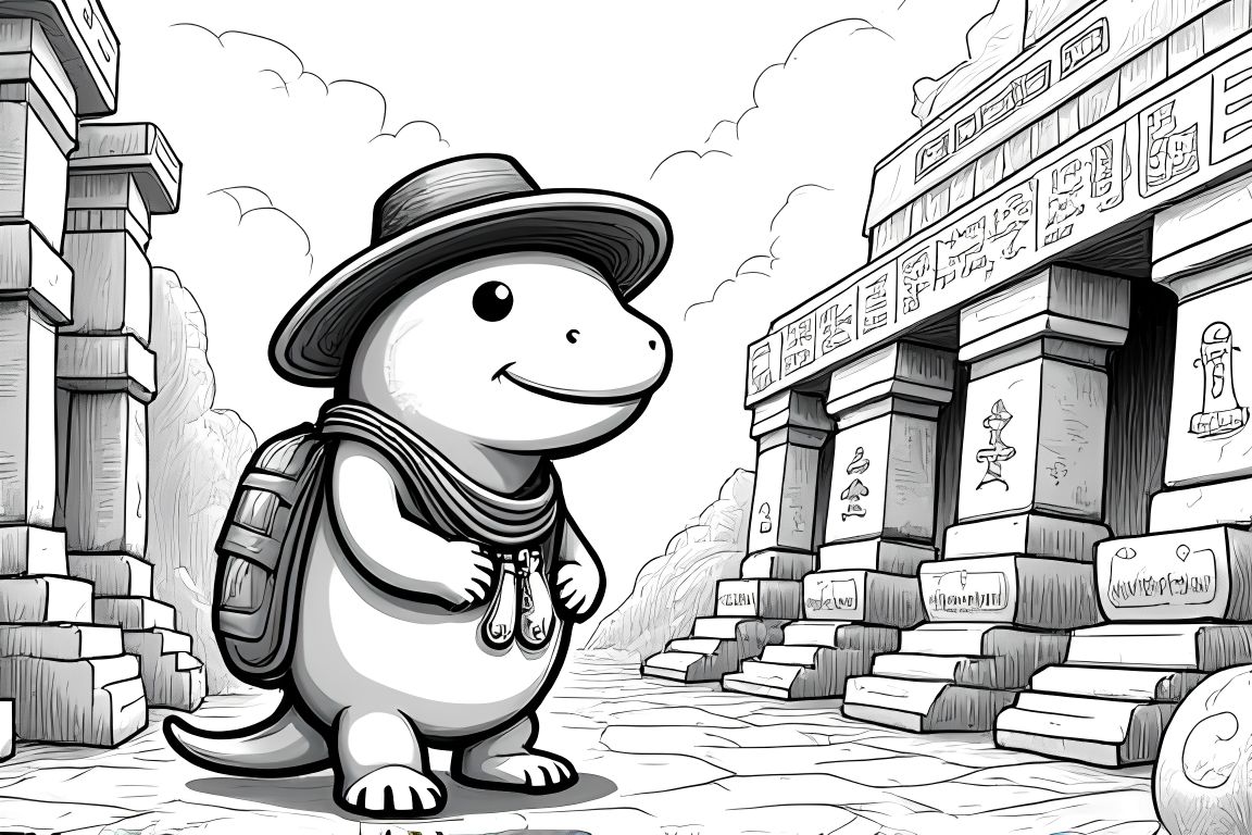 Detailed coloring book illustration of an axolotl explorer in an ancient temple