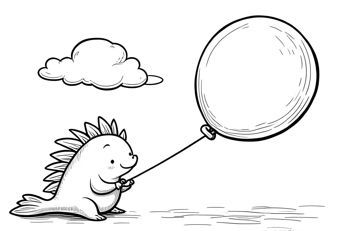 Easy coloring book illustration of a cute axolotl holding a balloon for young children
