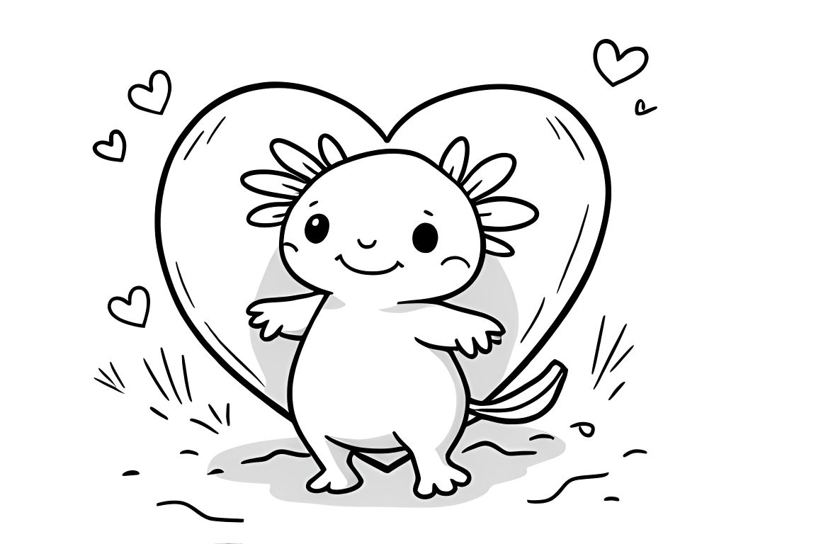 Easy coloring book illustration of a cute axolotl hugging a big heart for young children