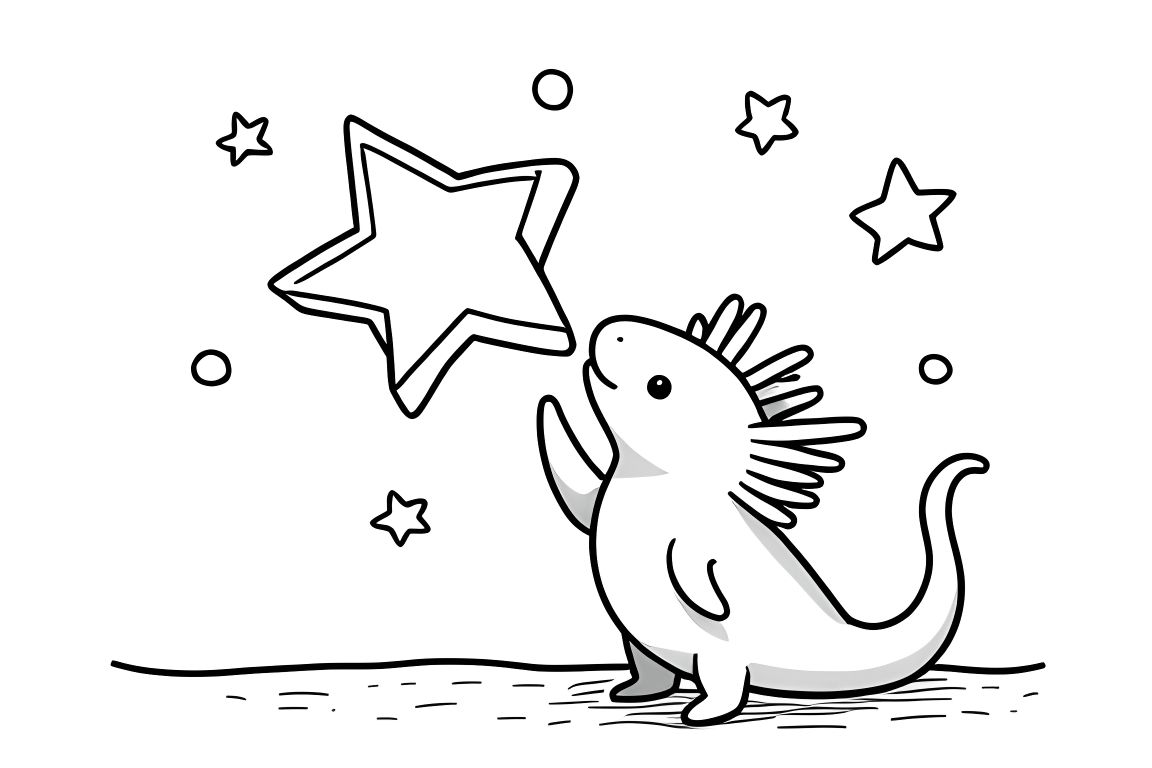 Simple coloring book illustration of an axolotl reaching for a big star, designed for toddlers