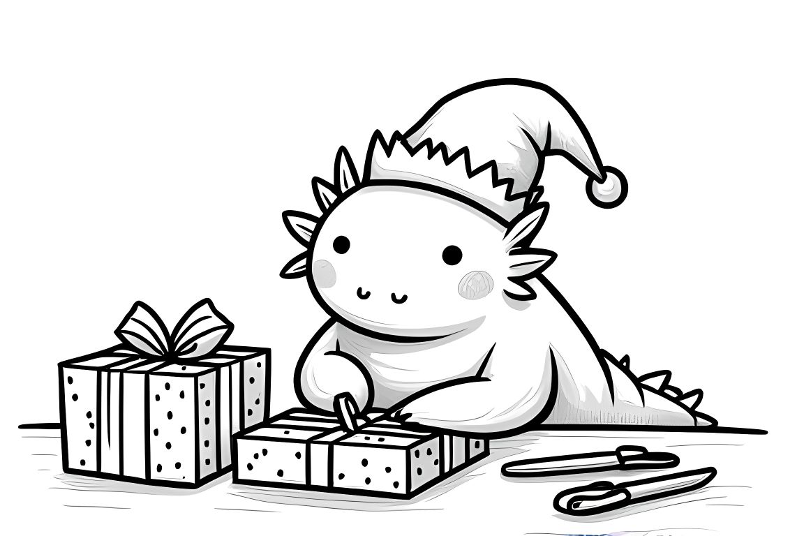 Children's coloring book page of an axolotl elf wrapping Christmas presents at a workshop table