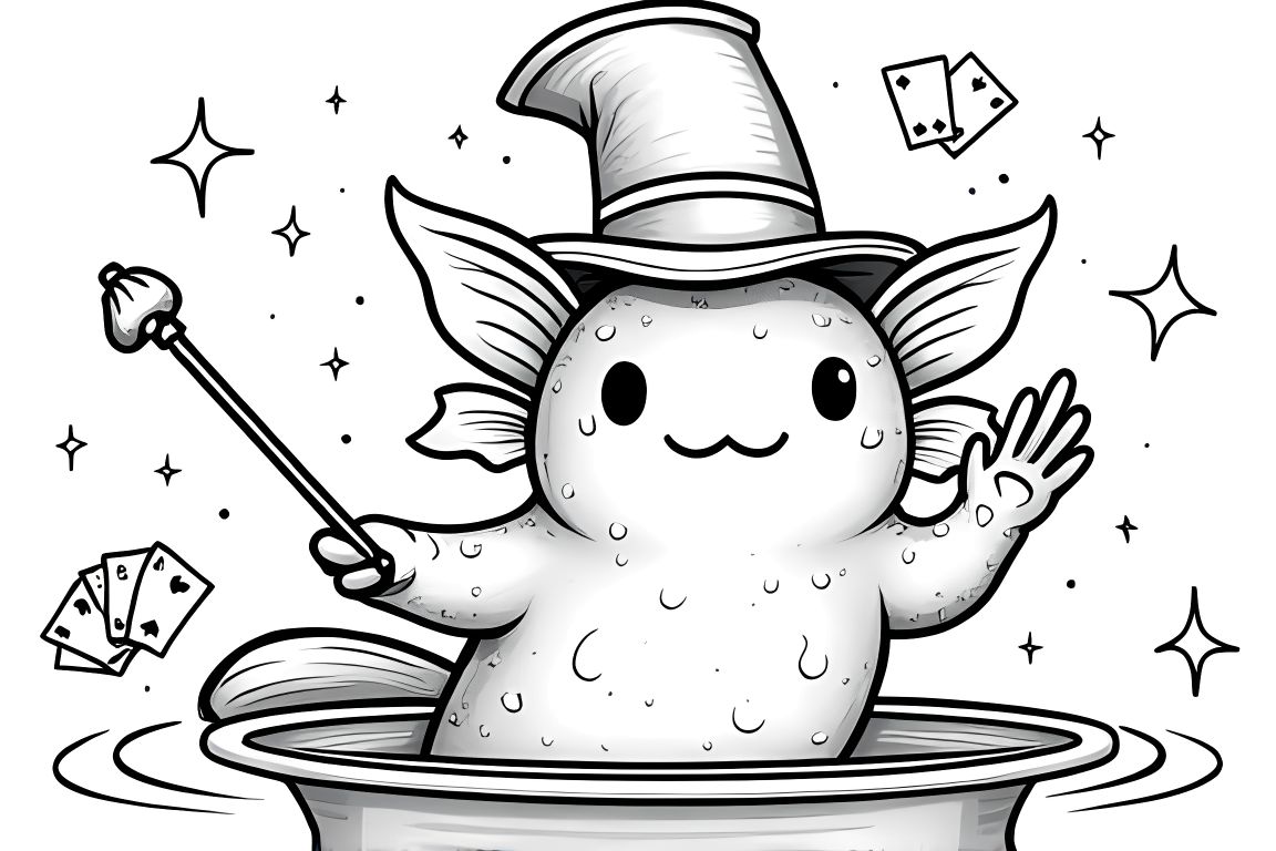 Coloring book illustration of an axolotl magician performing magic tricks