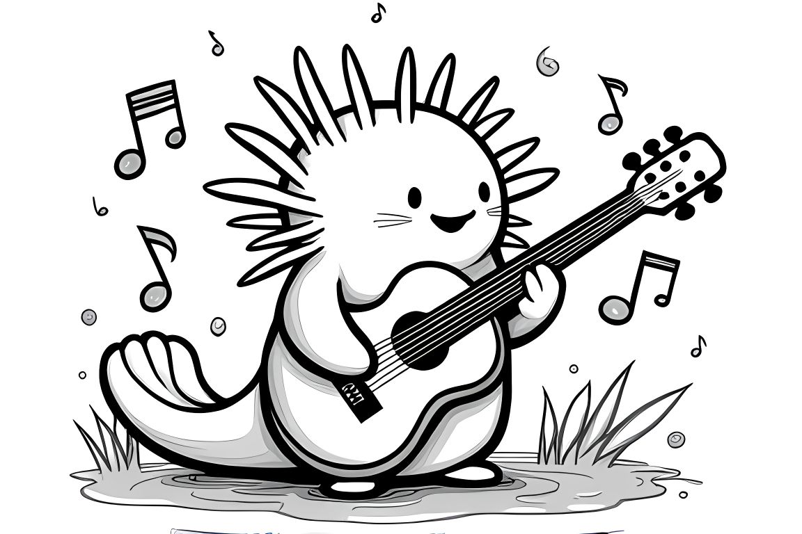 Coloring book illustration of an axolotl playing music with various instruments