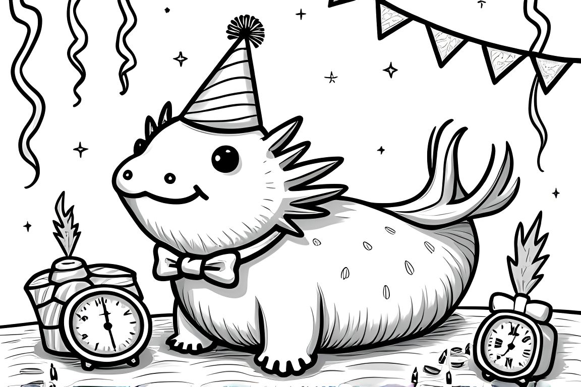 Detailed children's coloring page of an axolotl celebrating New Year with party decorations and midnight clock