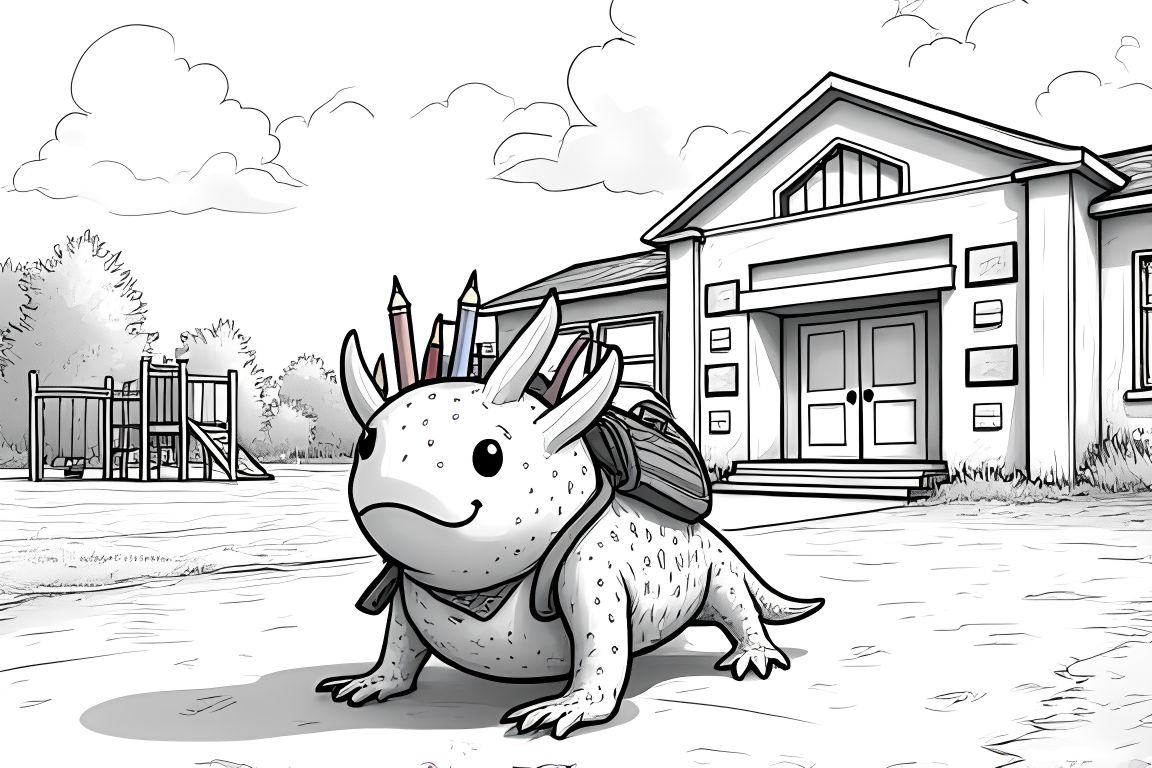Coloring book illustration of a cheerful axolotl with a backpack going to school