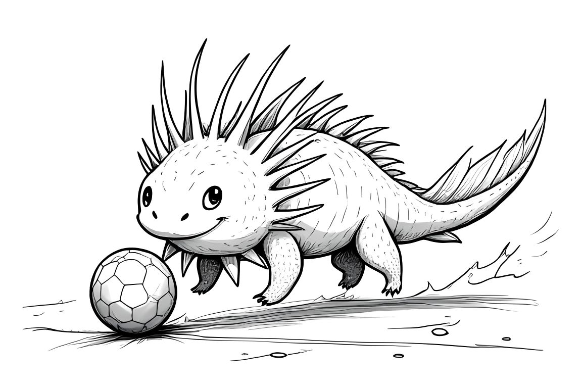 Coloring book illustration of an axolotl playing sports with various equipment