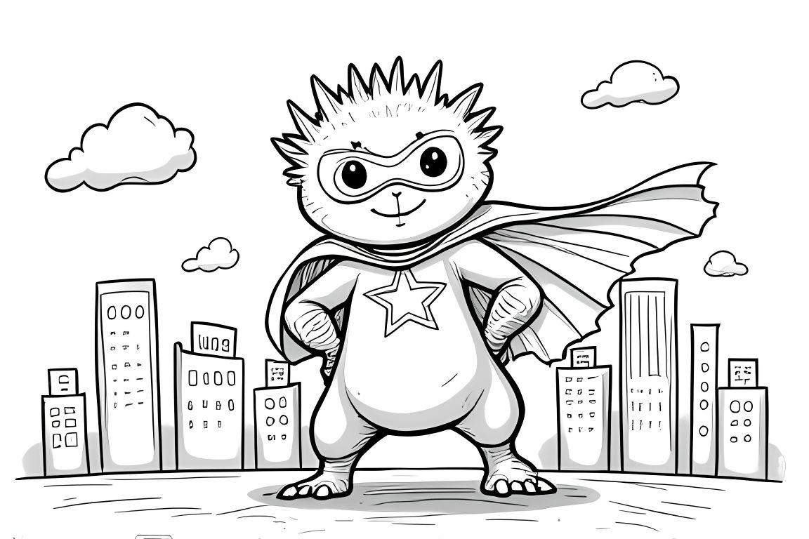 Coloring book illustration of an axolotl dressed as a superhero with cape and mask