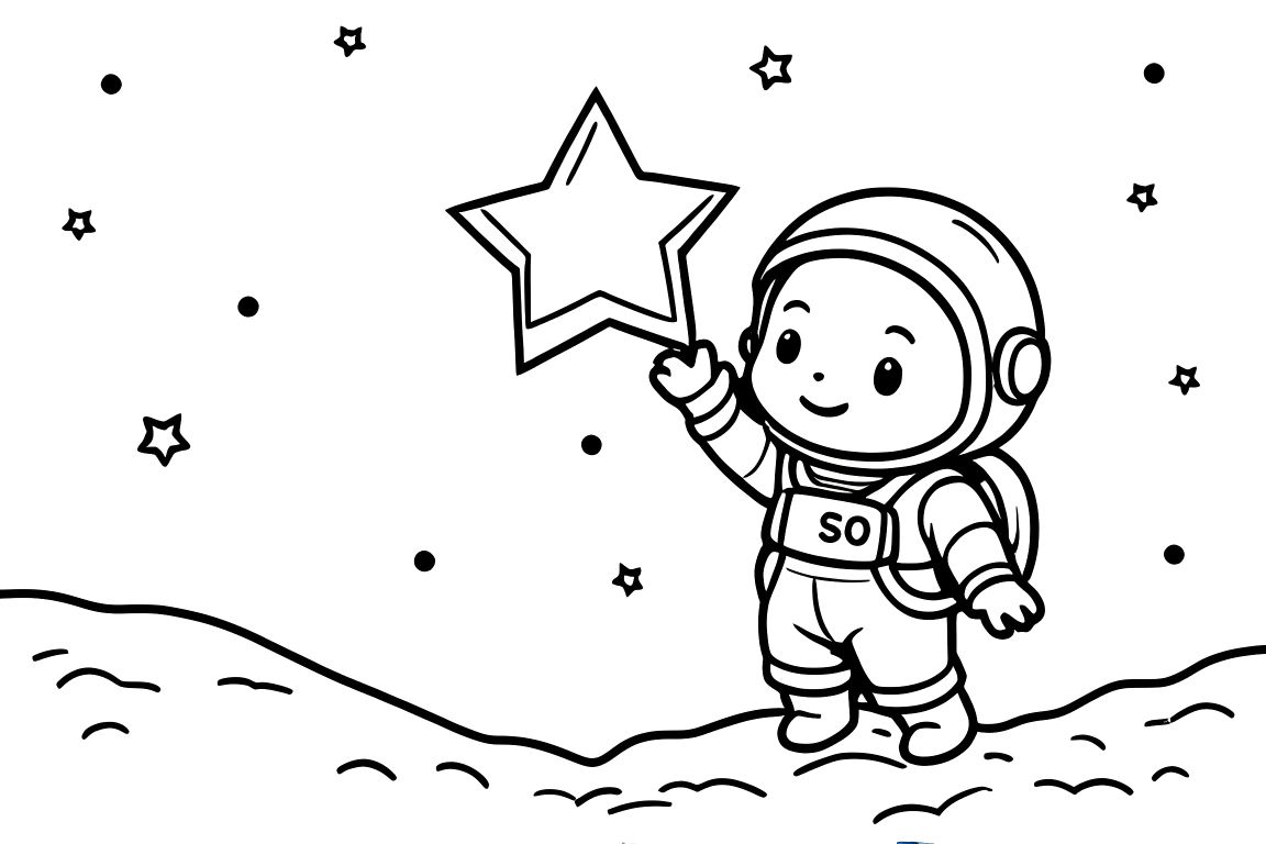 Simple children's coloring book page of a baby astronaut reaching for a star, perfect for toddlers