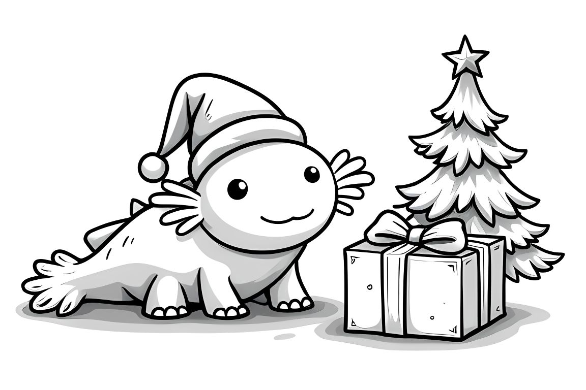 Simple children's coloring page of a baby axolotl with Santa hat next to a Christmas present, perfect for toddlers