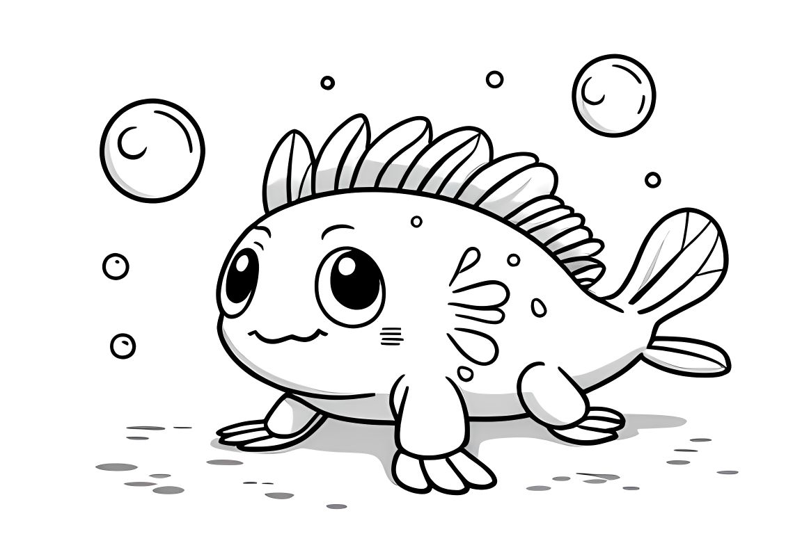 Simple coloring book illustration of a smiling baby axolotl with bubbles, perfect for toddlers