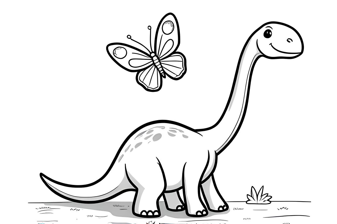 Simple children's coloring page of a cute baby brachiosaurus watching a butterfly, perfect for toddlers