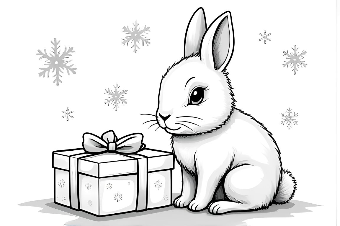 Simple children's coloring book page of a cute baby rabbit with a Christmas present, perfect for toddlers