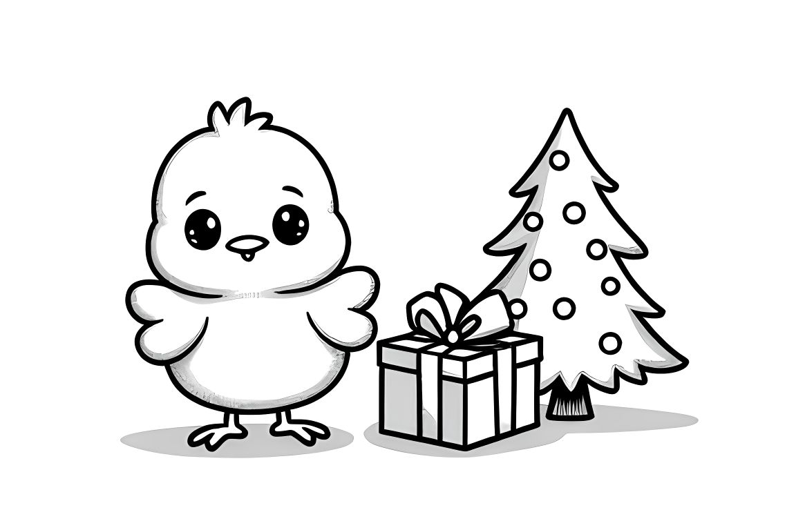 Simple children's coloring page of a baby chick with a Christmas present, perfect for toddlers