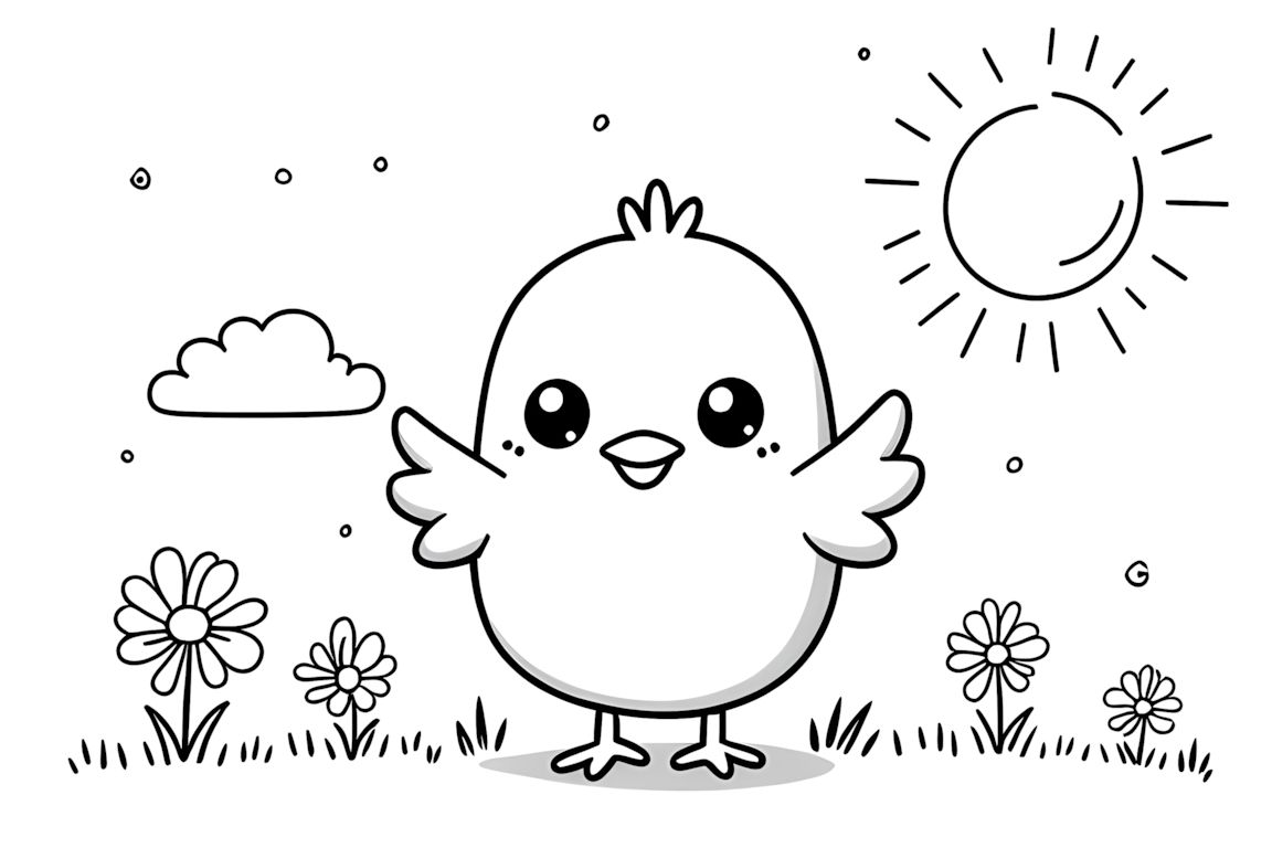 Simple children's coloring book page featuring a friendly baby chick with big eyes and basic flower shapes
