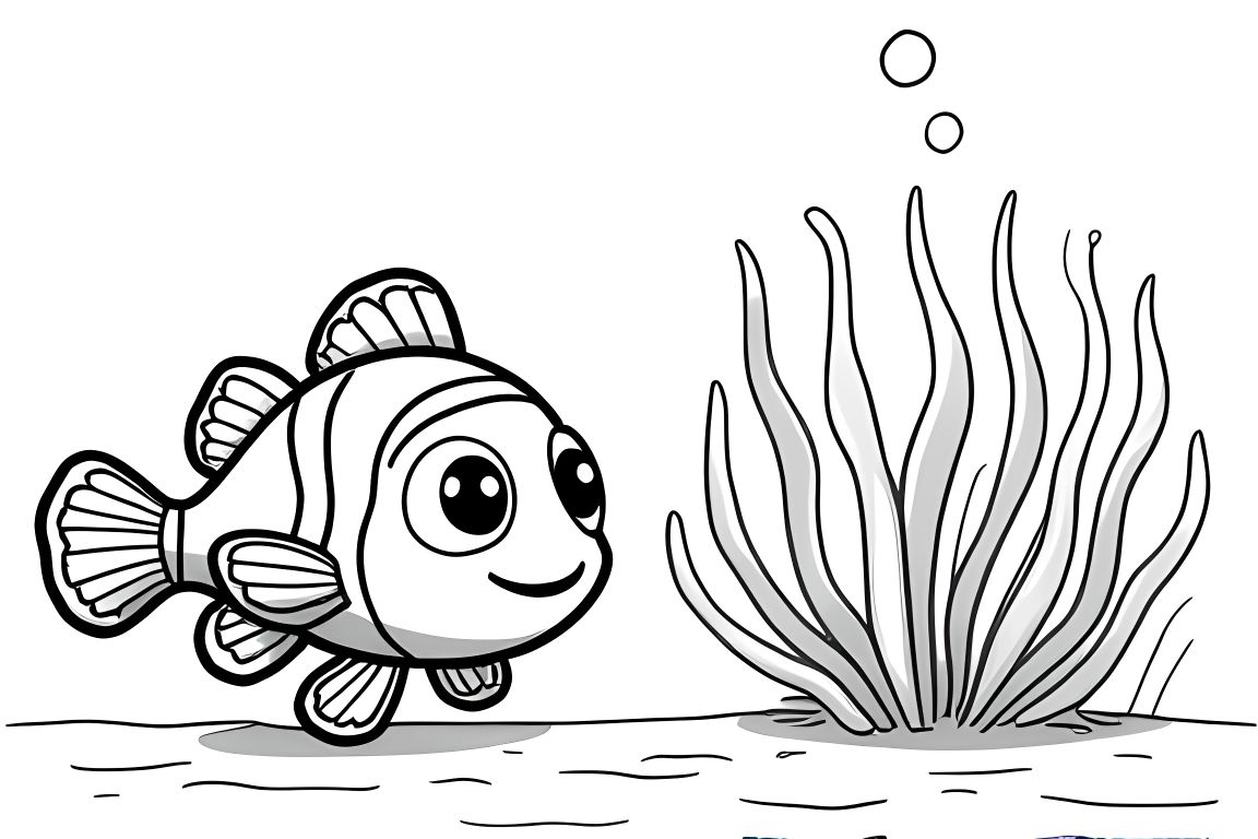 Simple children's coloring book illustration of a baby clownfish near its sea anemone home