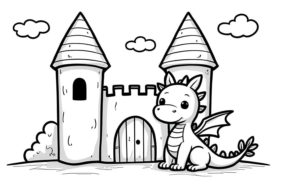 Simple children's coloring book page showing a cute baby dragon in front of a fairy tale castle, perfect for toddlers