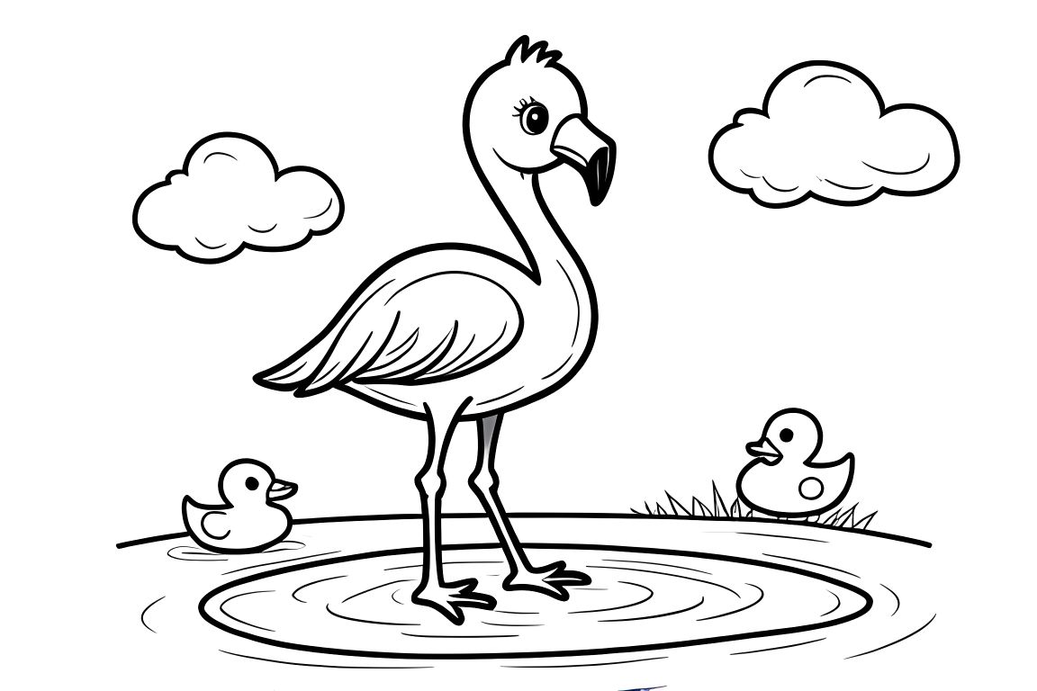 Simple children's coloring book page of a cute baby flamingo playing in a puddle with rubber ducks