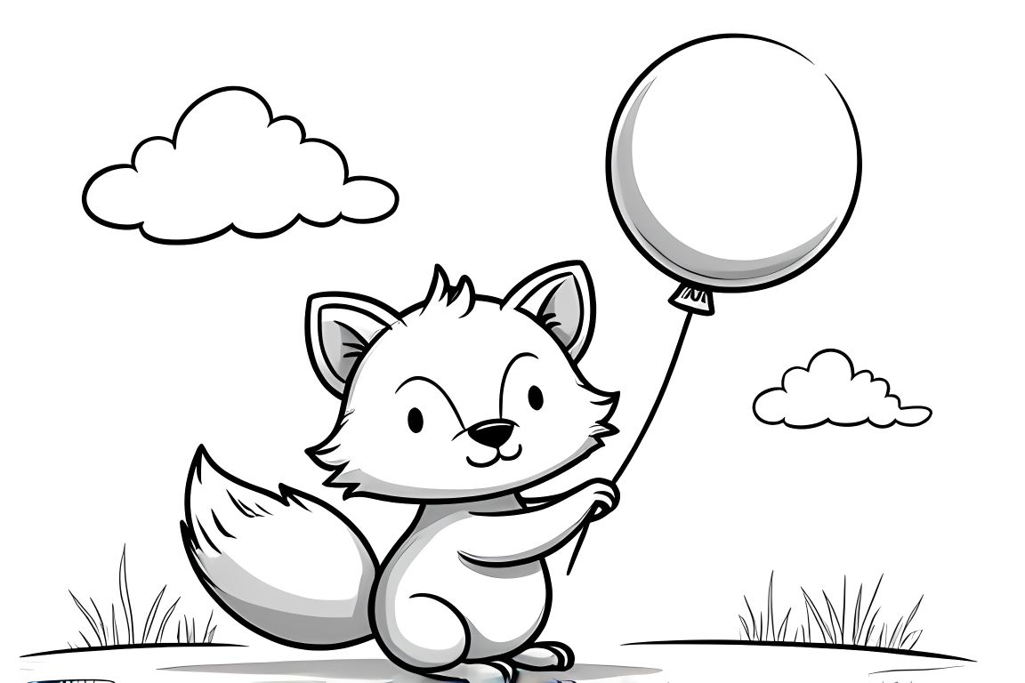 Simple children's coloring book page of a baby fox holding a balloon, perfect for toddlers