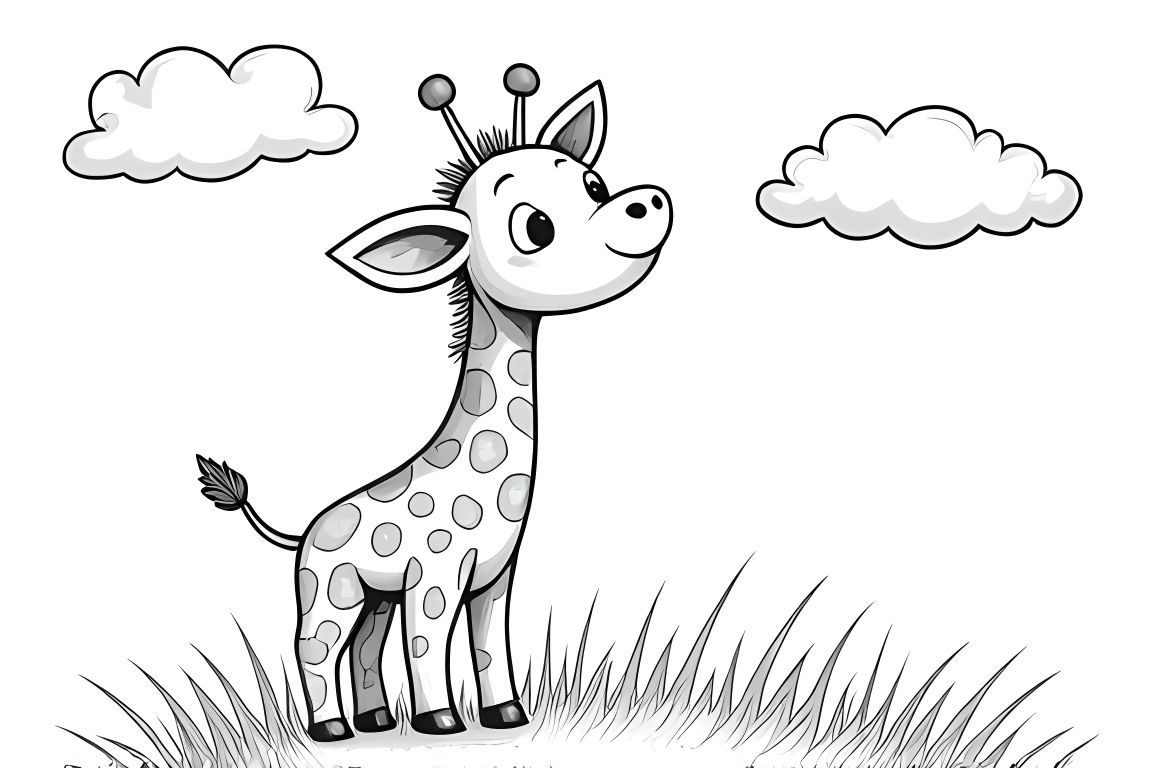 Simple children's coloring book page of a cute baby giraffe looking at a butterfly, perfect for toddlers