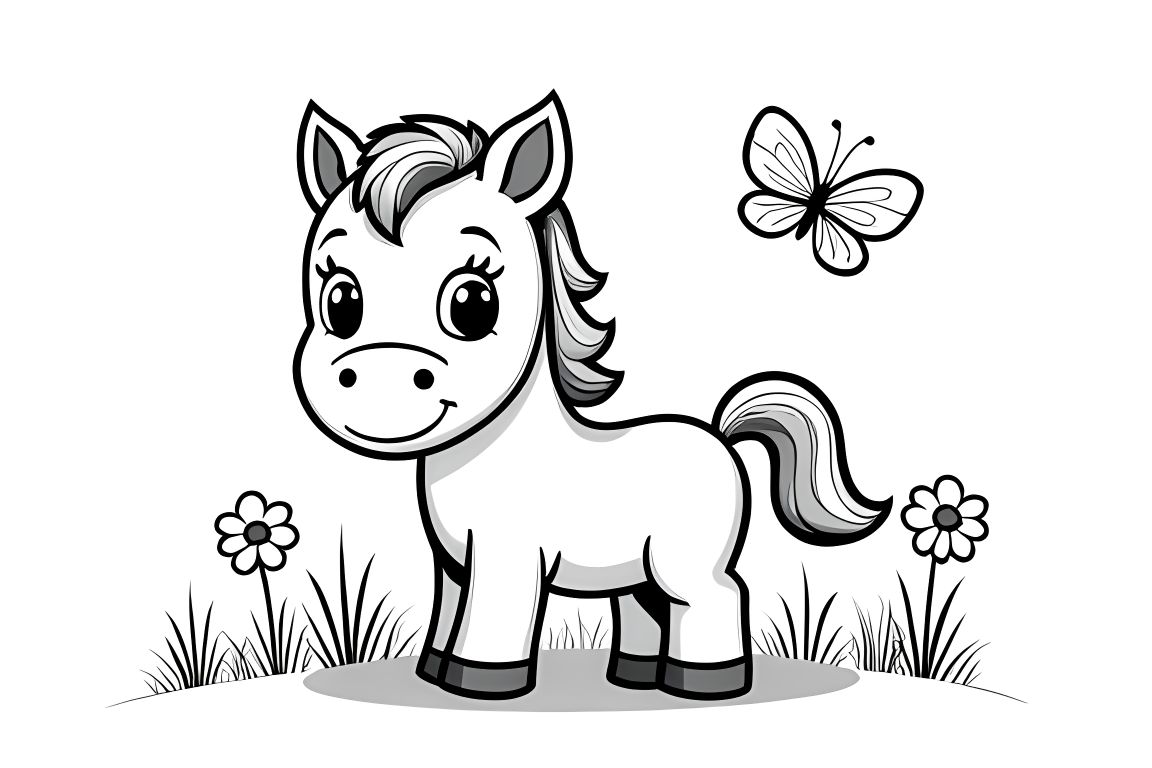 Simple children's coloring book illustration of a cute baby horse with butterflies in a garden, perfect for toddlers.