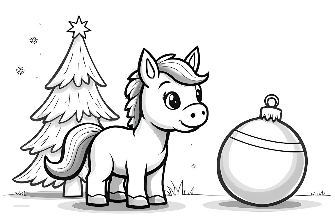 Simple children's coloring book page of a cute baby horse discovering Christmas decorations, perfect for toddlers