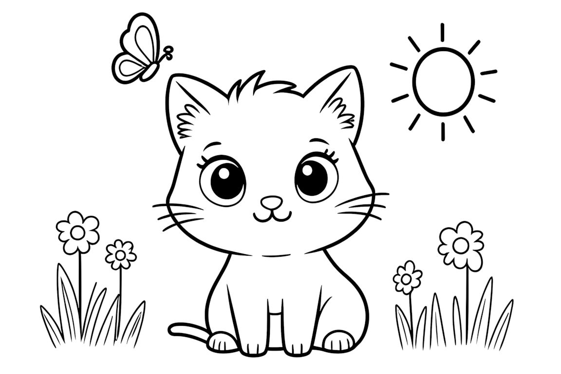 Simple coloring book illustration of a cute baby kitten playing with butterfly in garden for toddlers