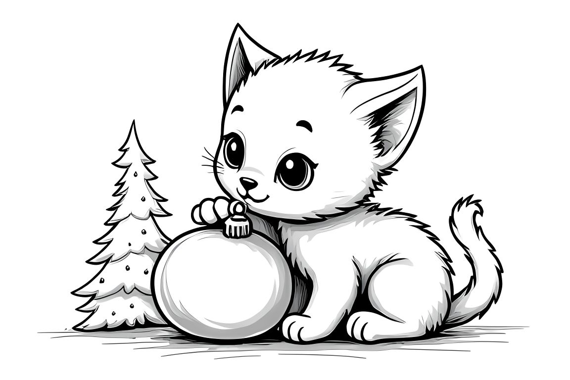 Simple children's coloring book page of a cute baby kitten playing with a Christmas ornament