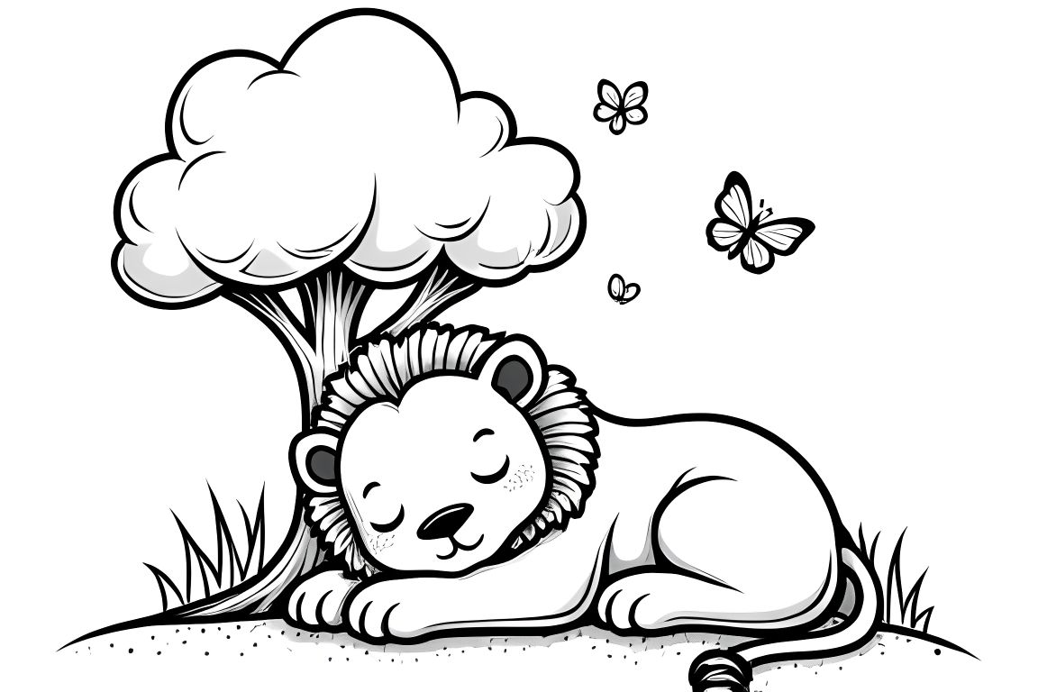 Simple children's coloring book page of a cute baby lion sleeping under a tree, perfect for toddlers