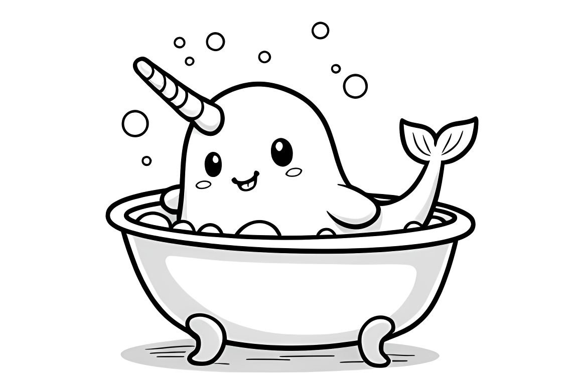 Simple children's coloring book illustration of a cute baby narwhal taking a bubble bath