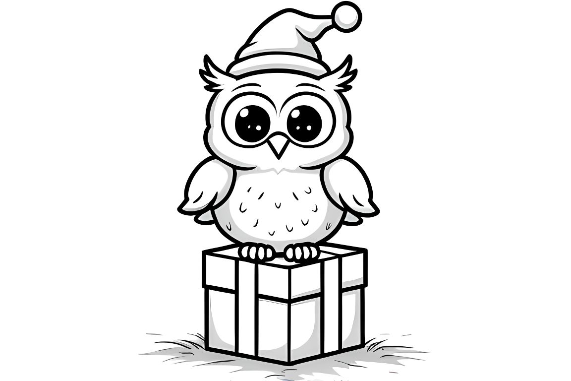Simple children's coloring page of a baby owl in Santa hat on a Christmas present, perfect for toddlers