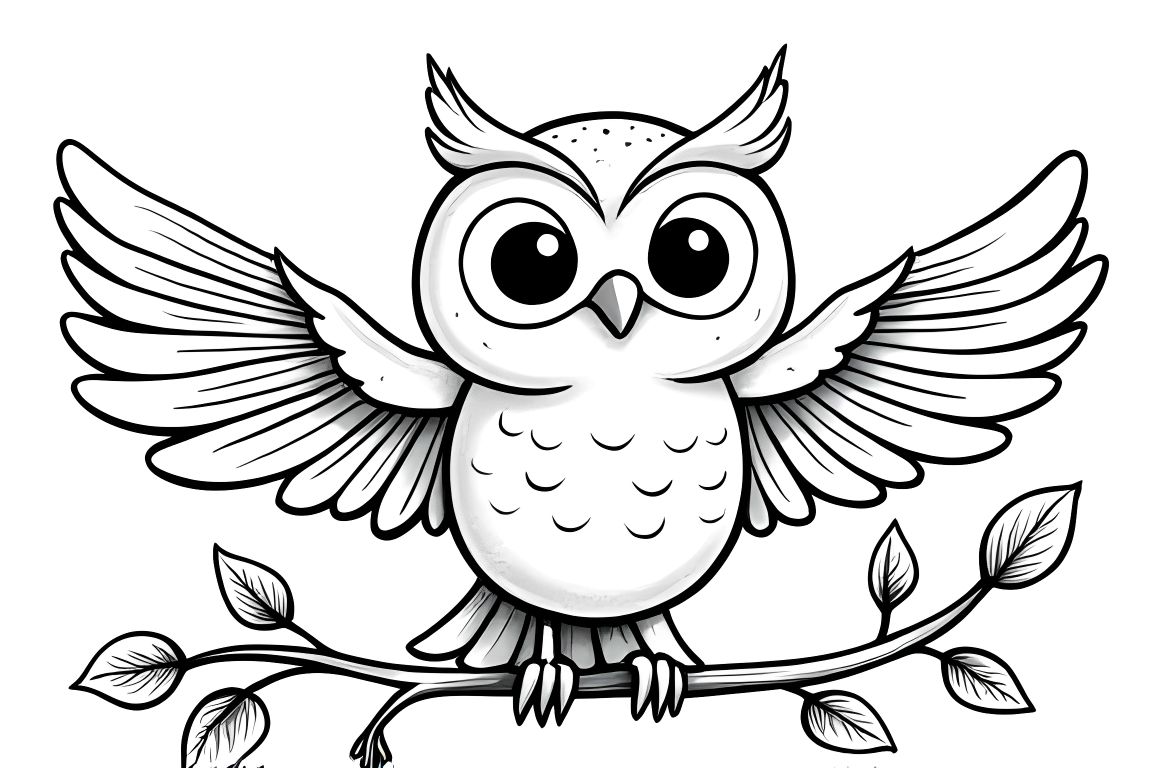 Simple coloring book illustration of a cute baby owl spreading its wings for toddlers