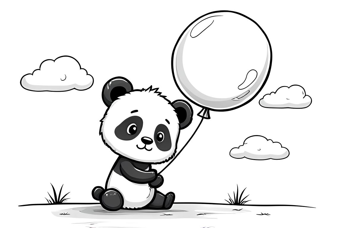 Simple children's coloring page of a cute baby panda holding a balloon, perfect for toddlers