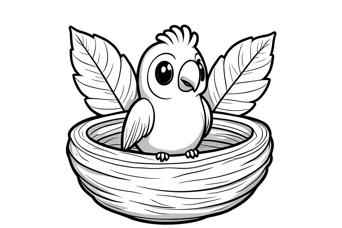 Simple children's coloring book page of a cute baby parrot in its nest, perfect for toddlers