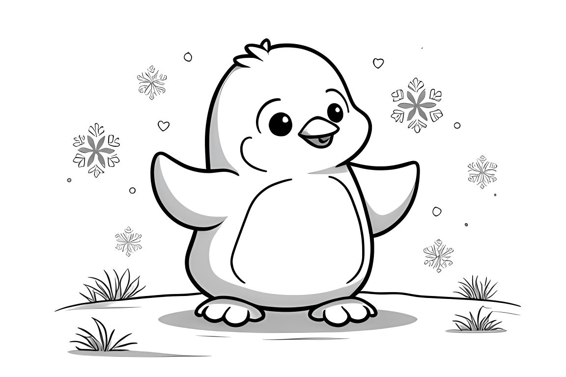 Simple children's coloring book page of a cute baby penguin playing with snowflakes, perfect for toddlers