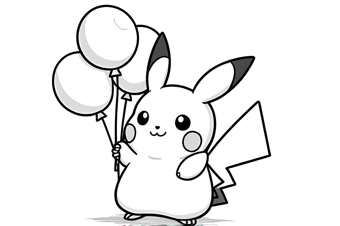 Simple children's coloring page of a baby Pikachu holding balloons, perfect for toddlers