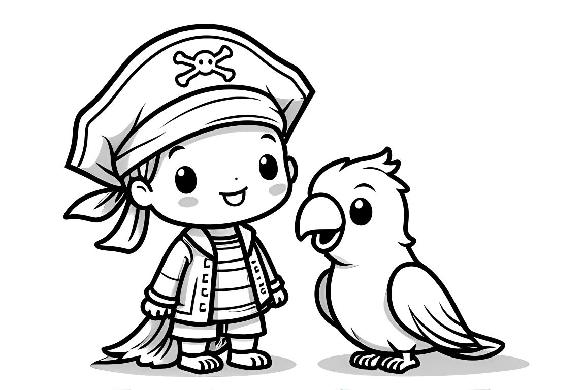 Simple children's coloring book page featuring a cute baby pirate and friendly parrot for toddlers