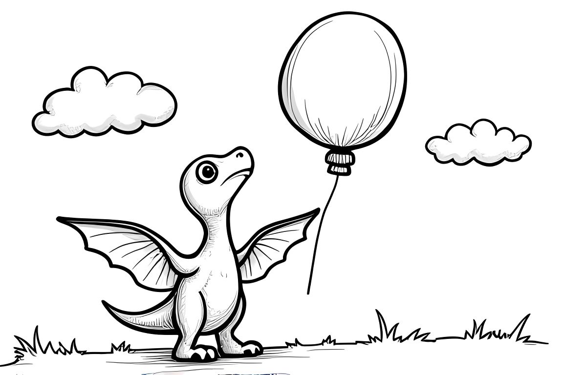 Simple children's coloring book drawing of a baby pterodactyl reaching for a balloon, perfect for toddlers