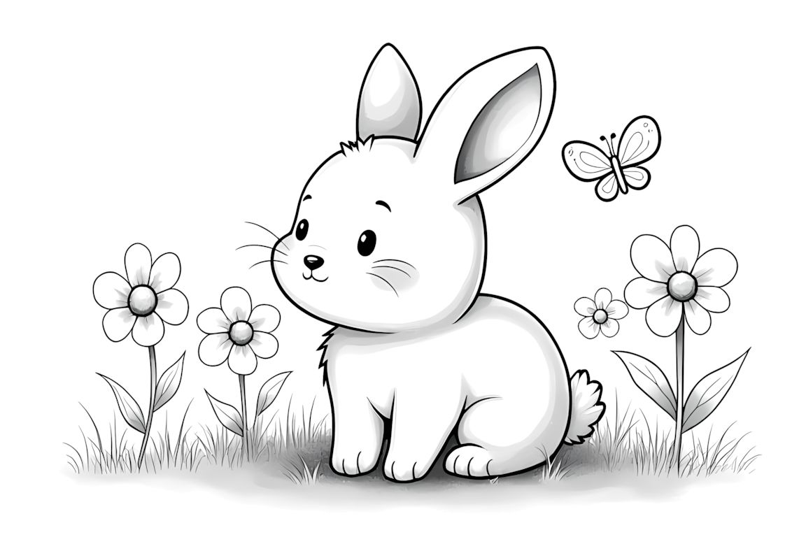 Simple children's coloring book page featuring a baby rabbit in a garden with big flowers and a butterfly
