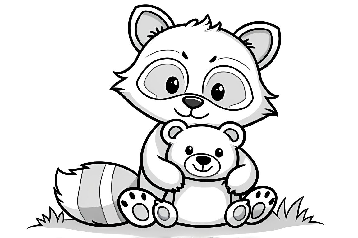Simple children's coloring book page of a baby raccoon hugging a teddy bear, perfect for toddlers