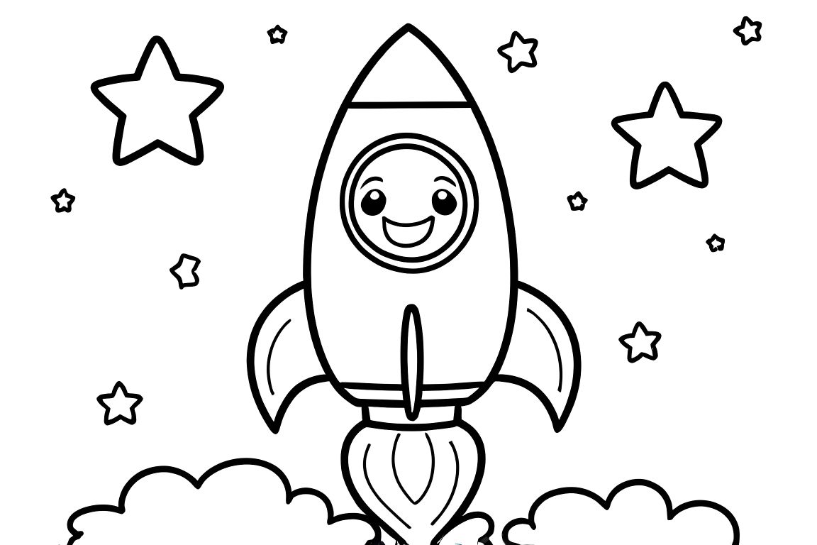 Simple children's coloring book illustration of a smiling rocket in space with basic stars, perfect for toddlers
