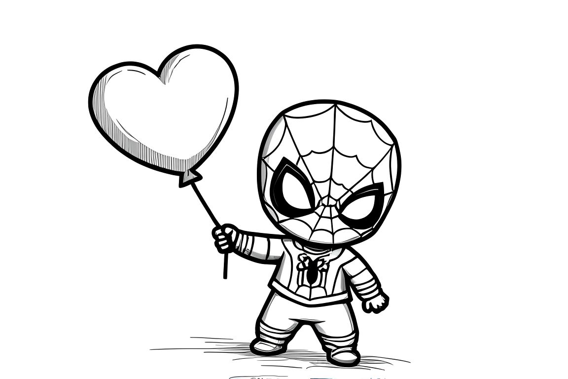Simple children's coloring page of baby Spiderman holding a balloon, perfect for toddlers