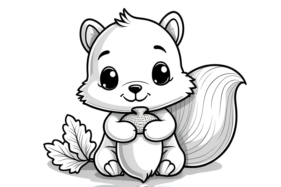 Simple children's coloring page of a cute baby squirrel holding a big acorn, perfect for toddlers