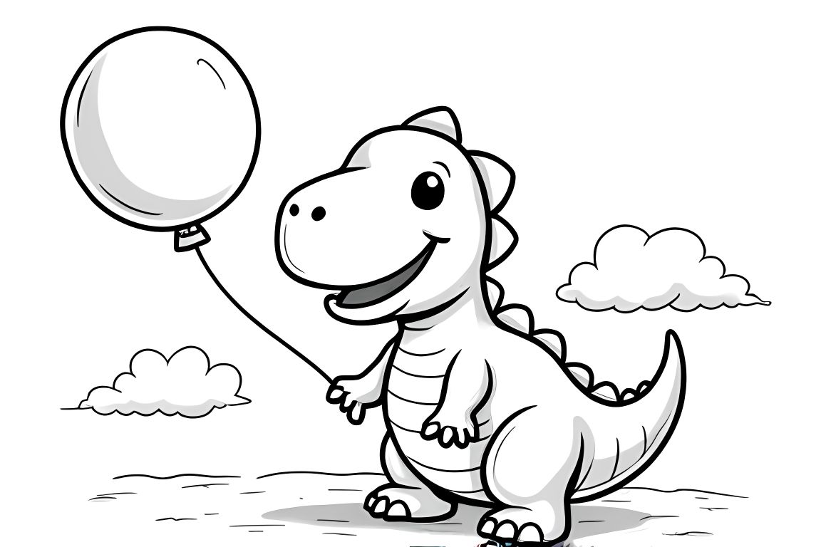 Simple children's coloring book page of a baby T-Rex holding a balloon, perfect for toddlers