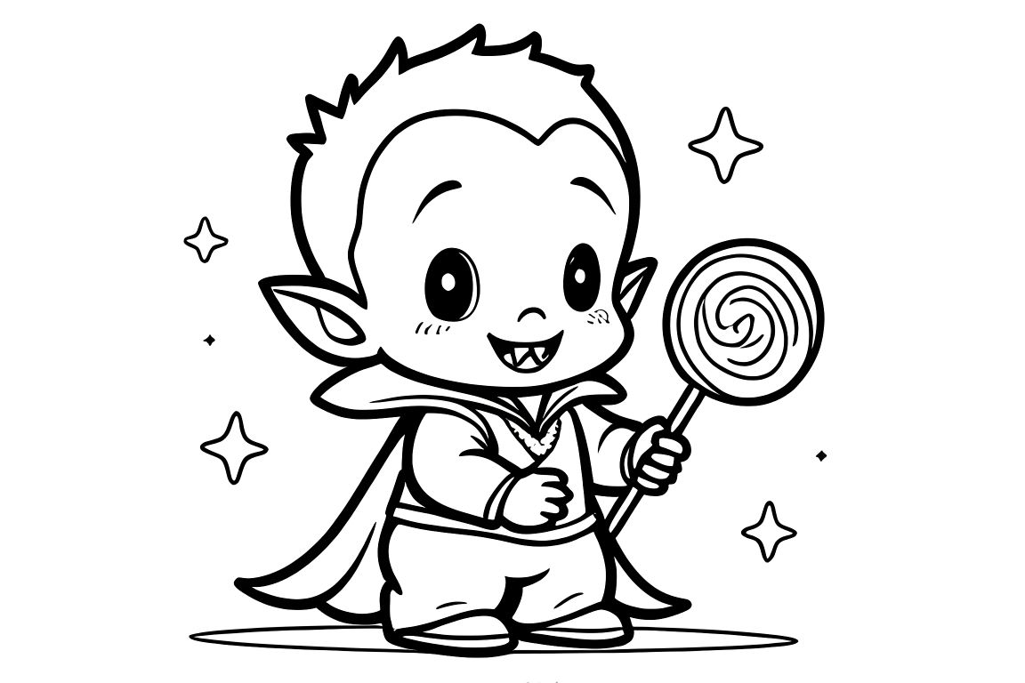 Simple children's coloring book page of a cute baby vampire with a lollipop, perfect for toddlers